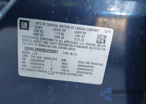 2016 Chevrolet Equinox Ltz из США, поврежденный, VIN 2GNALDEK3G6220027